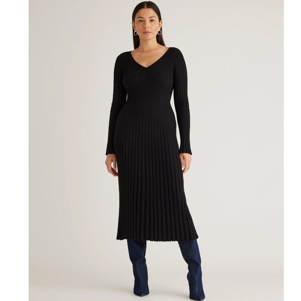 Quince Organic Cotton Cashmere Ribbed V-Neck Midi Dress Black Size‎ Medium